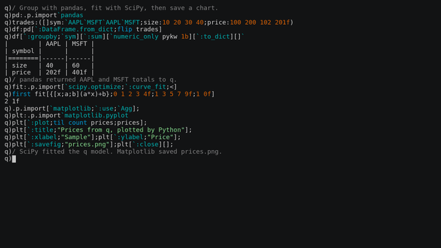 embedPy running NumPy and pandas from q