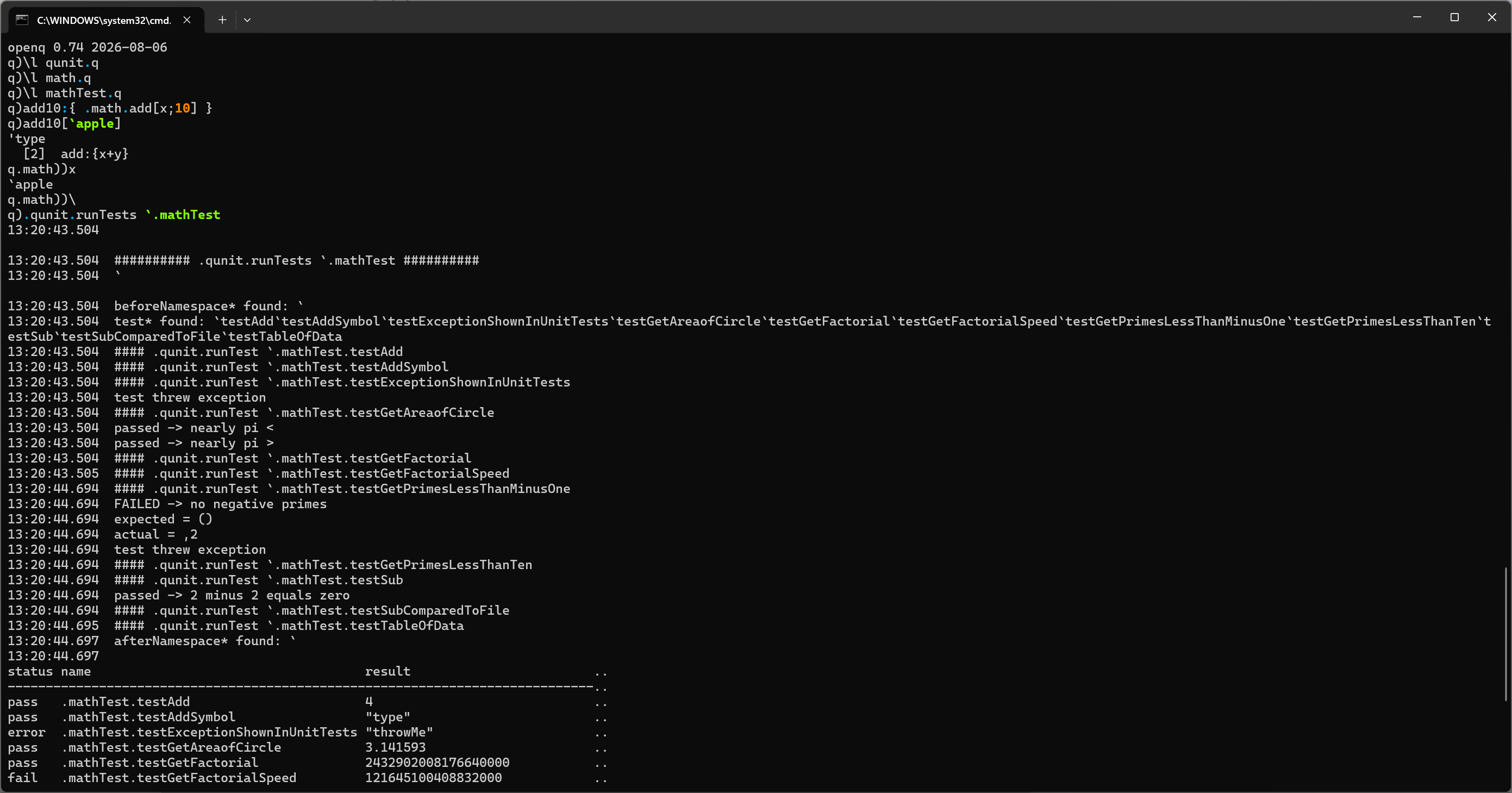 qunit discovering and running its example test suite in PeachQ 0.74
